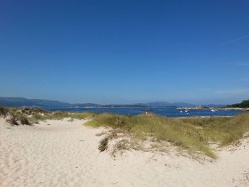 View of calm beach against clear blue sky