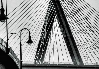 Low angle view of suspension bridge against sky