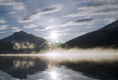 Scenic view of lake and mountains against sky