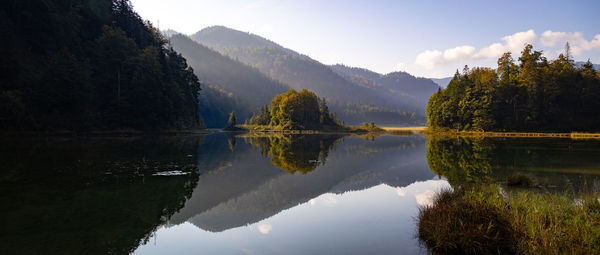 Scenic view of lake and mountains against sky