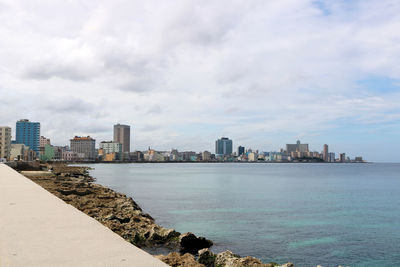 Cityscape of havana taken from one point of its seawall with a view to two-miles of its coastline.