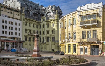 Historic buildings on greek square in odessa, ukraine, on a sunny winter day
