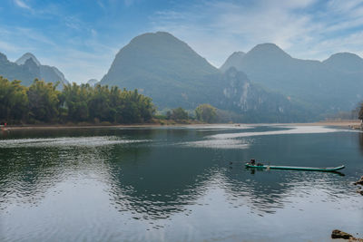 Scenic view of lake and mountains against sky