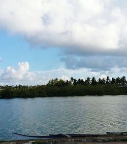 Scenic view of lake against cloudy sky