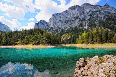 Scenic view of lake by mountains against sky