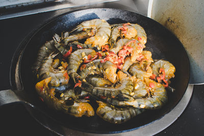 High angle view of prawns