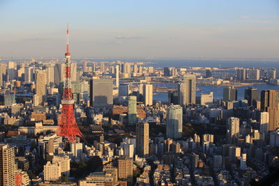 Aerial view of buildings in city against sky