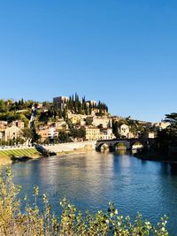 River and townscape against clear blue sky