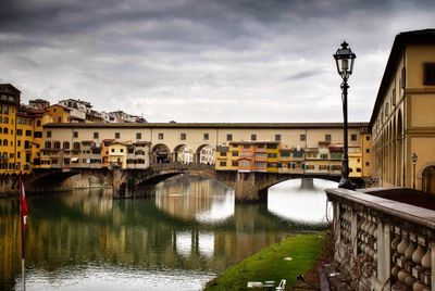 Bridge over canal by buildings against sky in city