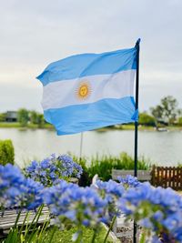 Low angle view of flags against sky