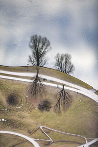 High angle view of road by bare trees against sky