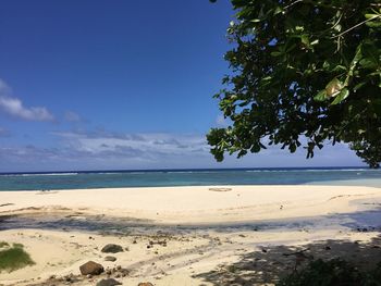 Scenic view of beach against blue sky