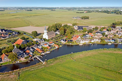 Aerial from the traditional village oosthem in friesland the netherlands