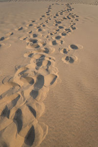 High angle view of footprints on sand at beach