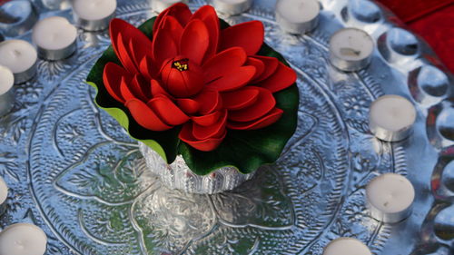 High angle view of red rose on table