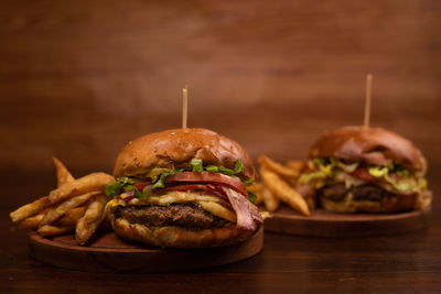 Close-up of burger on table