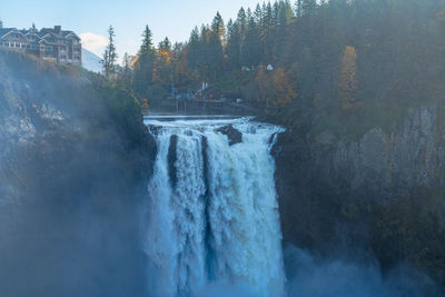 A blanked of mist obscures snoqualmie falls in washington state.