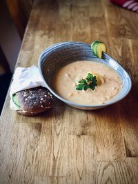 High angle view of soup in bowl on table