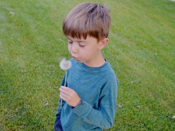 Cute blowing dandelion seed while standing on grassy field