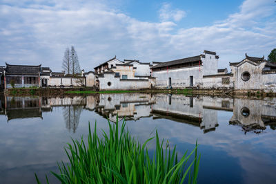 Reflection of buildings in lake