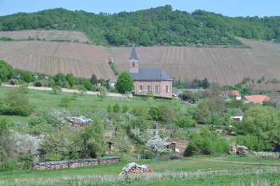 Scenic view of agricultural field by houses and mountain