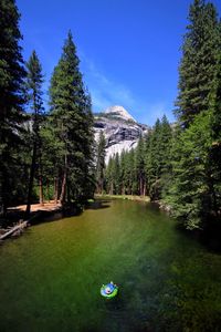 Scenic view of trees mountains and sky with a person floating down the merced river in yosemite
