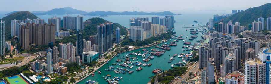 High angle view of modern buildings in city