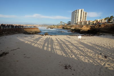 Scenic view of beach against sky in city