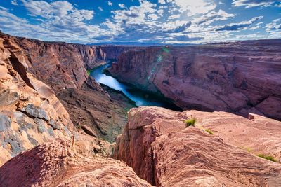 Scenic view of rock formations against cloudy sky