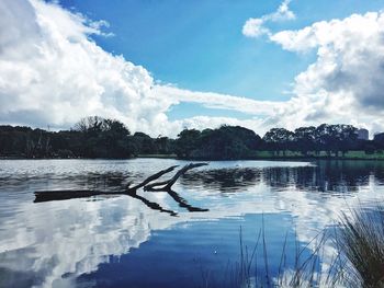 Scenic view of lake against cloudy sky