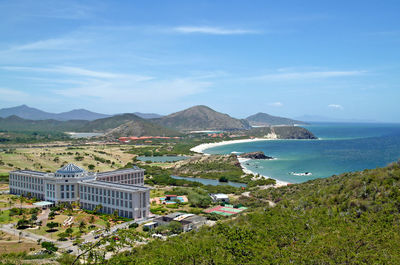 Scenic view of sea and mountains against sky