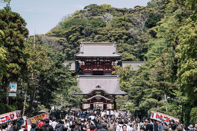 People on street amidst trees in city