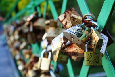 Close-up of padlocks on railing