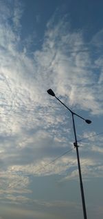 Low angle view of bird on street light against sky
