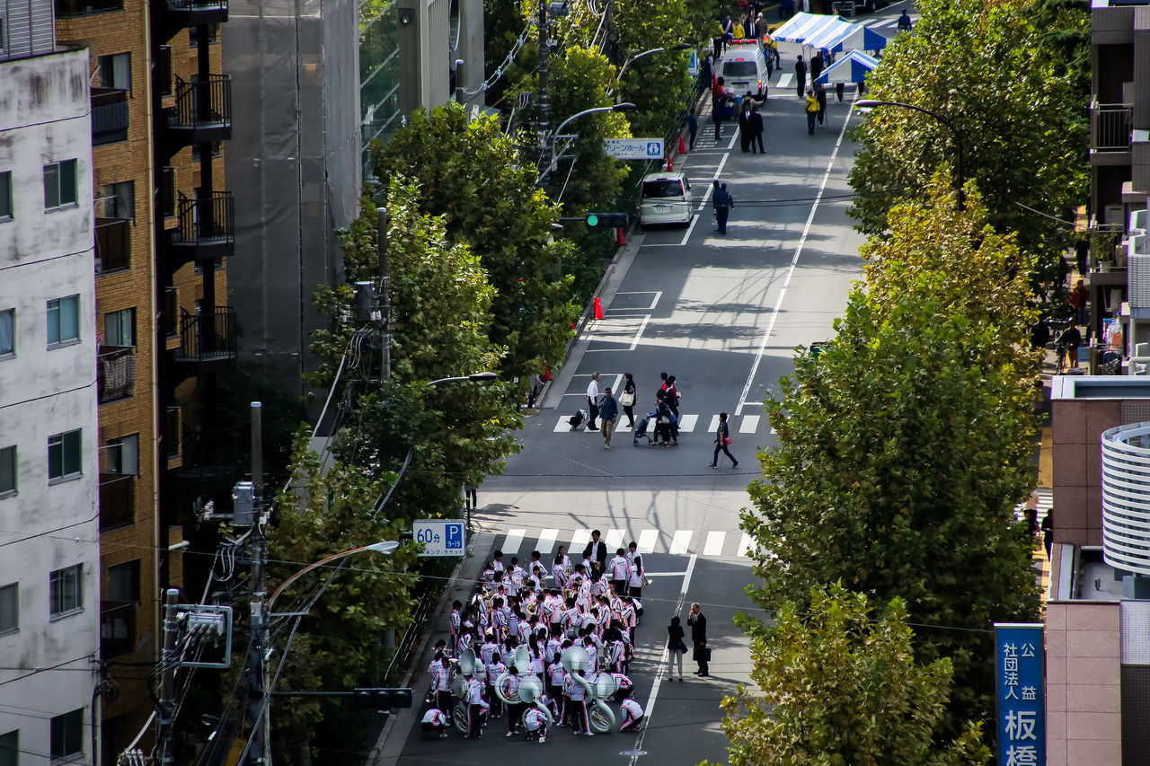 group of people, large group of people, city, architecture, crowd, real people, plant, built structure, street, tree, men, building exterior, high angle view, walking, women, adult, day, road, lifestyles, outdoors