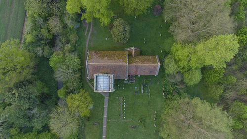 An aerial view of the church of st mary in the village of playford, suffolk, uk