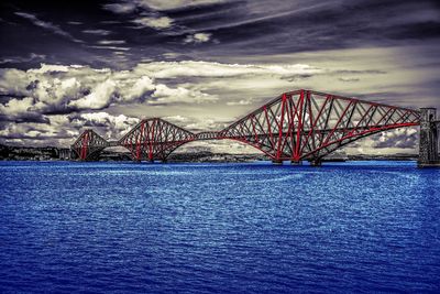 View of suspension bridge against cloudy sky