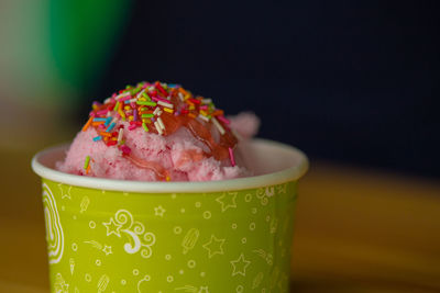 Close-up of ice cream on table