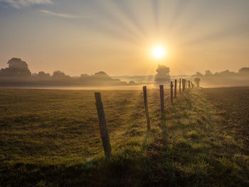 Wooden posts on field against sky during sunset