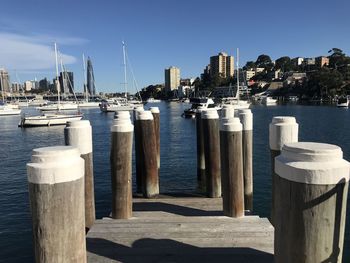 Sailboats in marina at harbor against clear sky