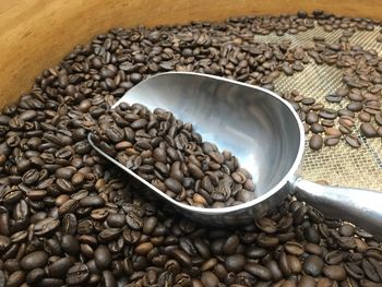 Close-up of coffee beans and serving scoop in container