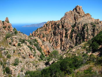 Scenic view of rocky mountains against clear sky