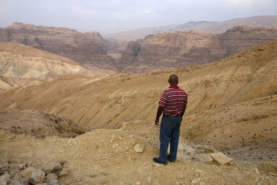 Rear view of man looking at rocky mountains in desert
