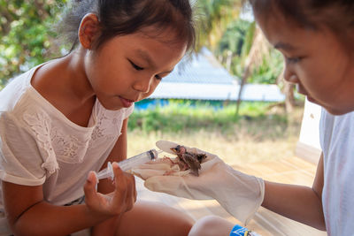 Cute girls feeding young bird