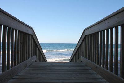 Boardwalk at beach against sky