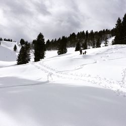 People on snowcapped mountains against cloudy sky