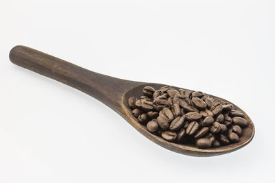 High angle view of coffee beans against white background