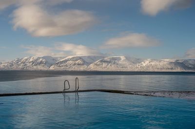 Scenic view of lake by mountains against sky