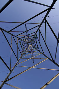 Directly below shot of electricity pylons against clear blue sky