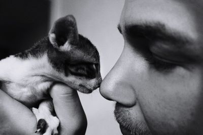 Close-up of man holding cat